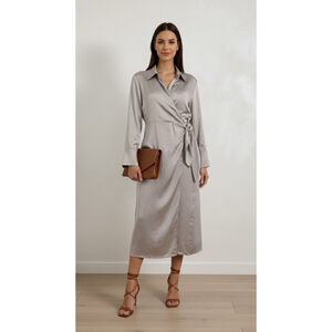 JASON WU Satin Wrap Midi Dress MED Tan Champagne Holiday Cocktail Party $375